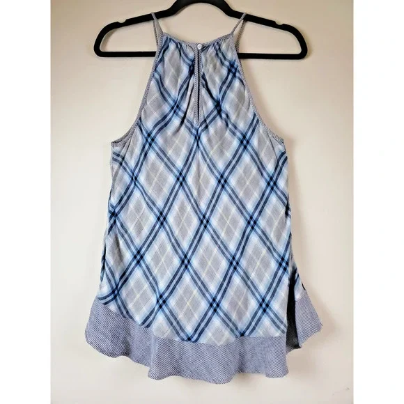 Cloth Womens & Stone Small Top‎ Sleeveless Tank Blue Plaid Halter Ruffles Tencel - Picture 5 of 11